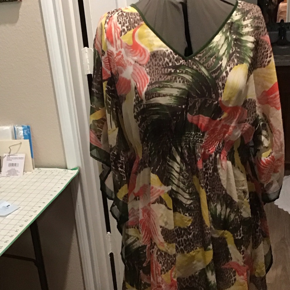 Sheer Tropical Floral Kaftan Dress - Multi Color